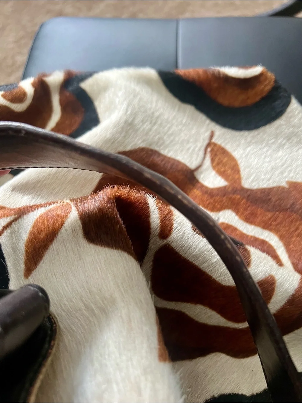 Maurizio Taiuti Cow Hide Cream Tote with Brown and Black Floral Print